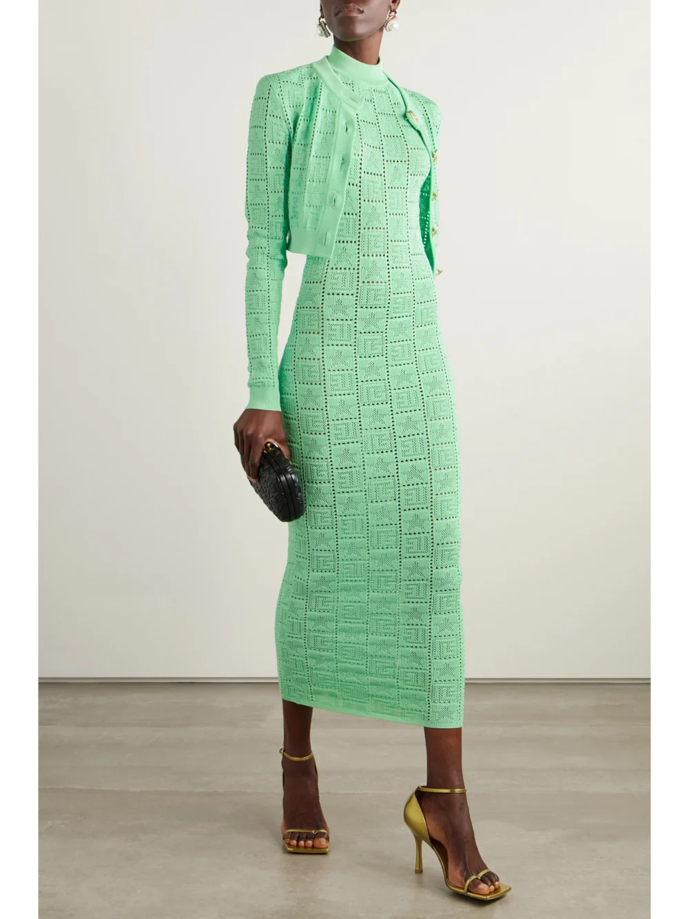 Balmain Cropped Pointelle-knit Cardigan, worn by a model