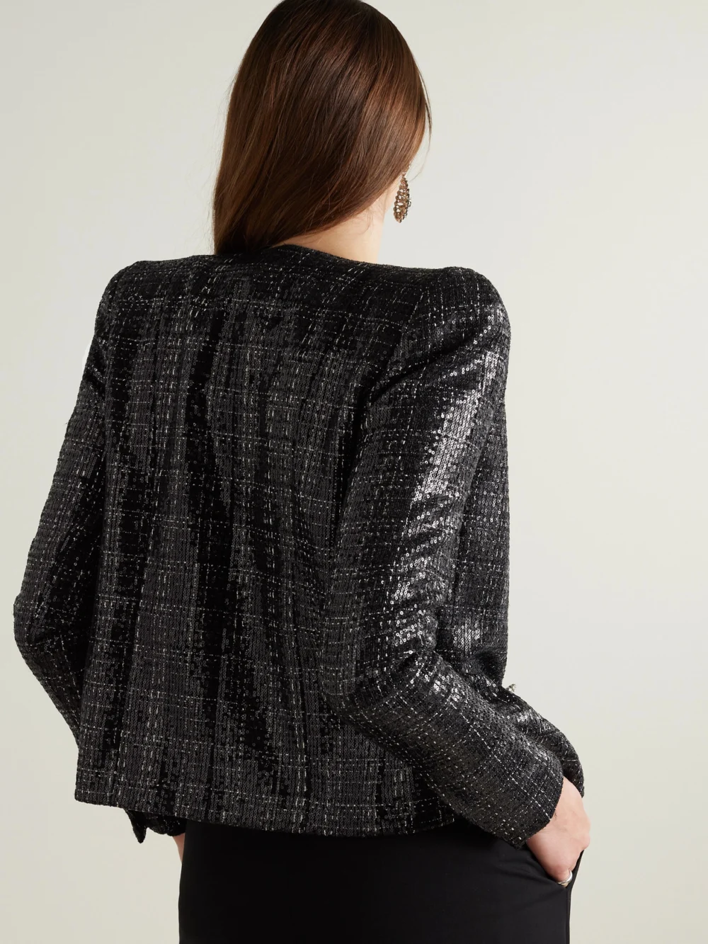 Back view of the Balmain Crystal-embellished Sequined Tweed Jacket