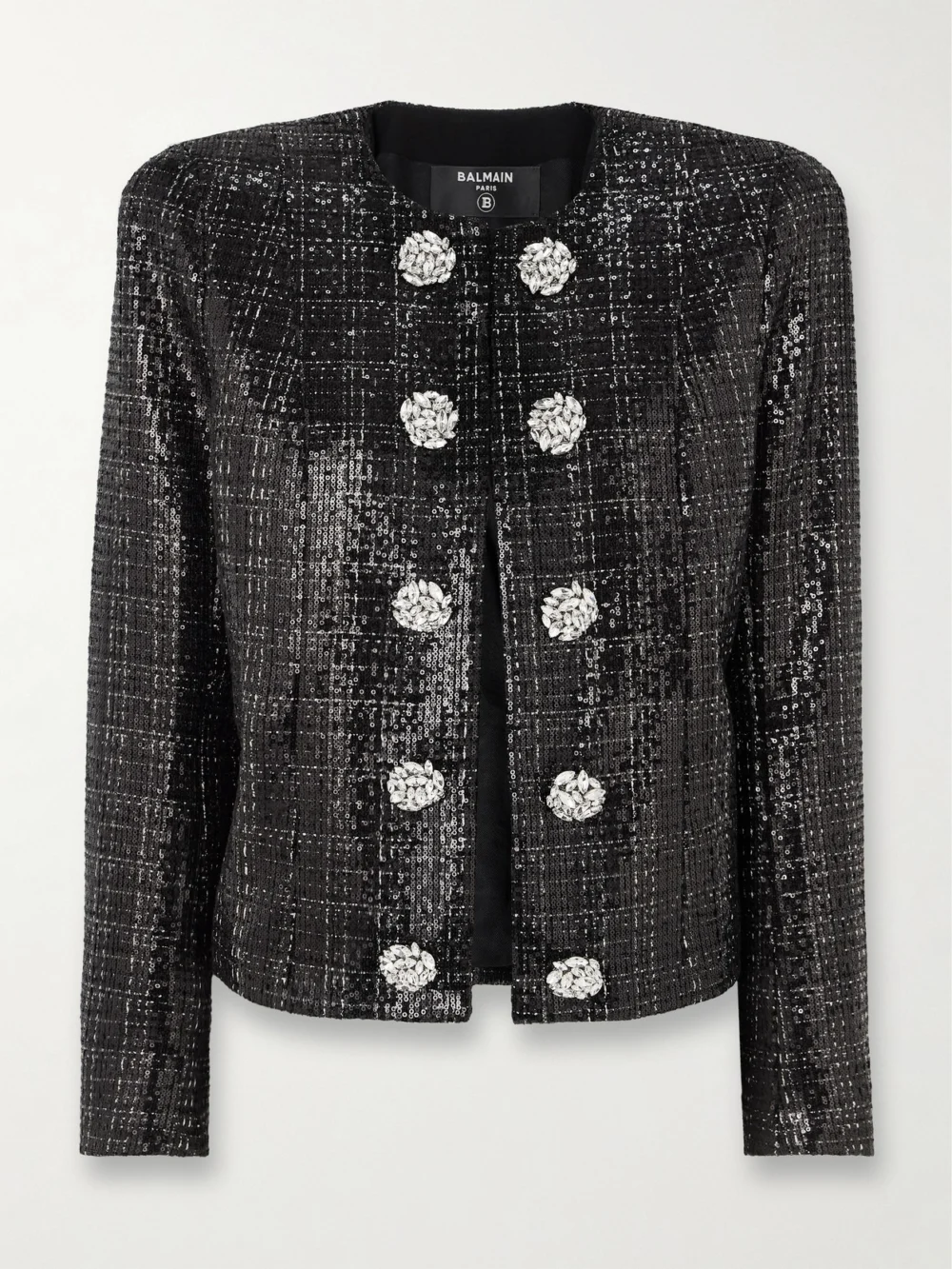 Balmain Crystal-embellished Sequined Tweed Jacket in black