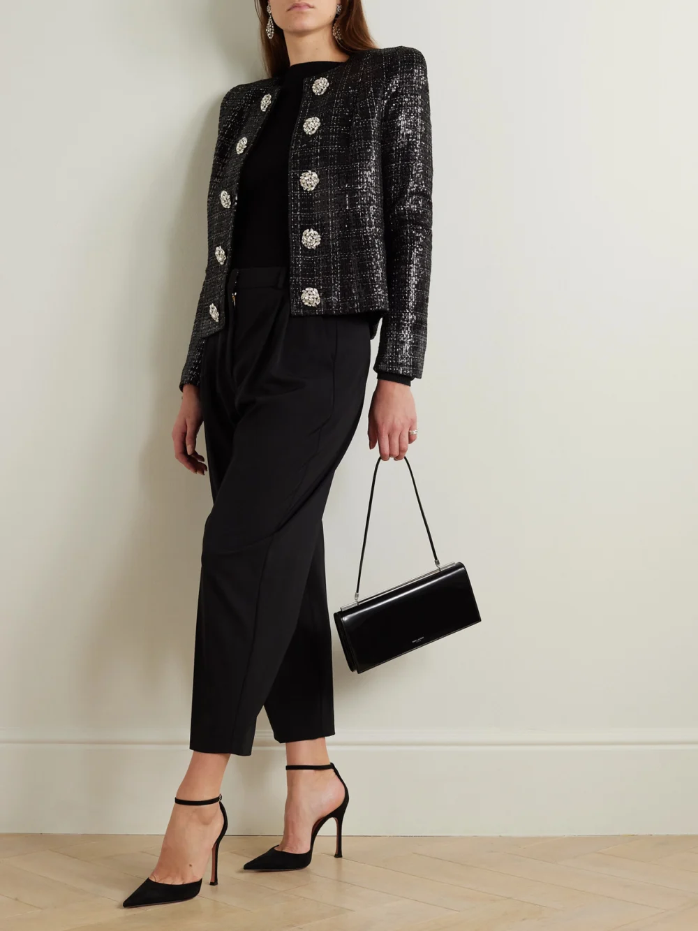 Balmain Crystal-embellished Sequined Tweed Jacket, worn by a model