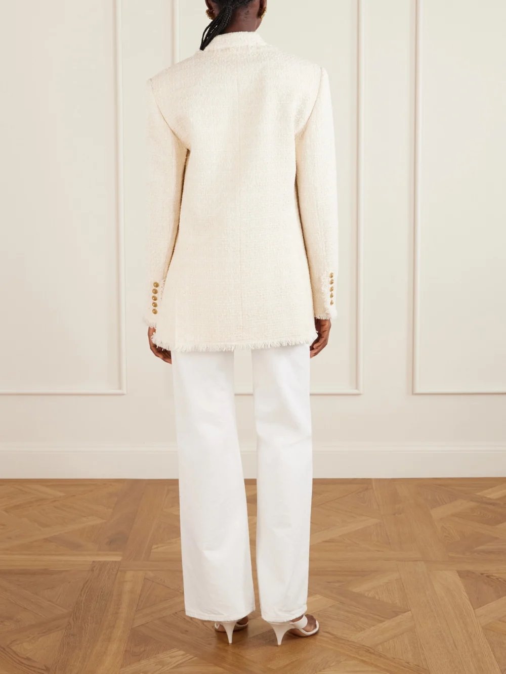 Back view of the Balmain Double-breasted Frayed Wool and Cotton-blend Tweed Blazer