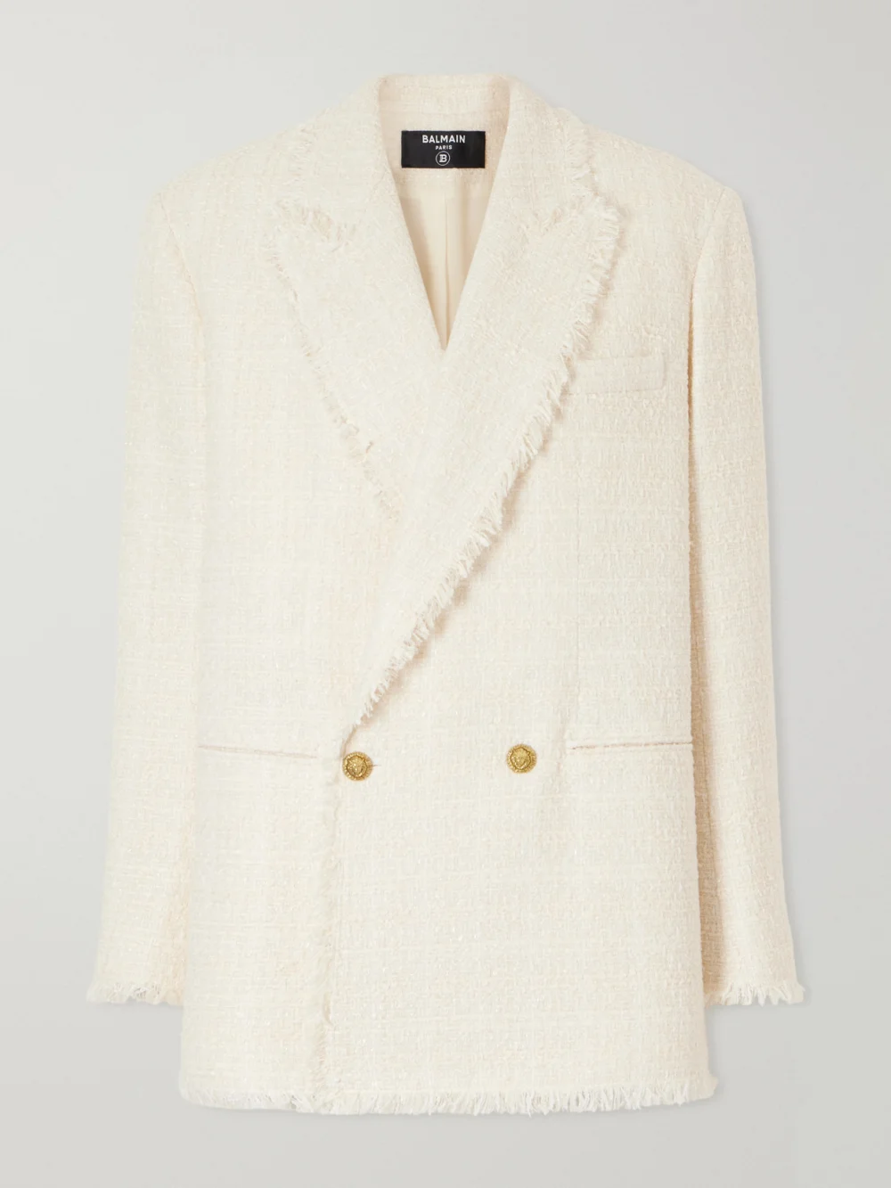 Balmain Double-breasted Frayed Wool and Cotton-blend Tweed Blazer in off-white