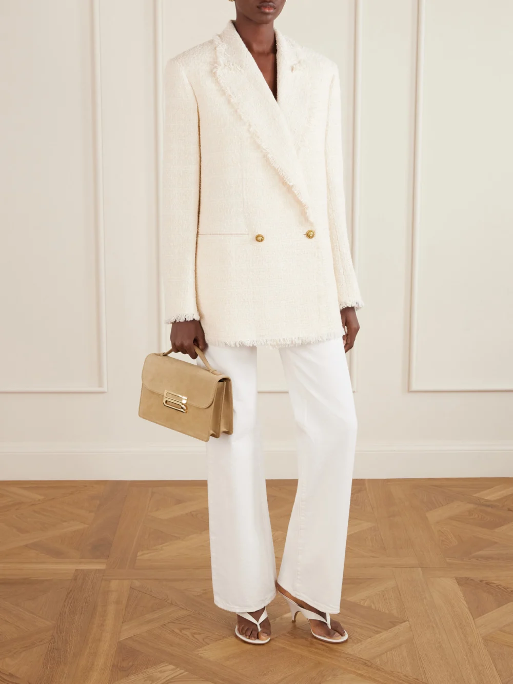 Balmain Double-breasted Frayed Wool and Cotton-blend Tweed Blazer, worn by a model