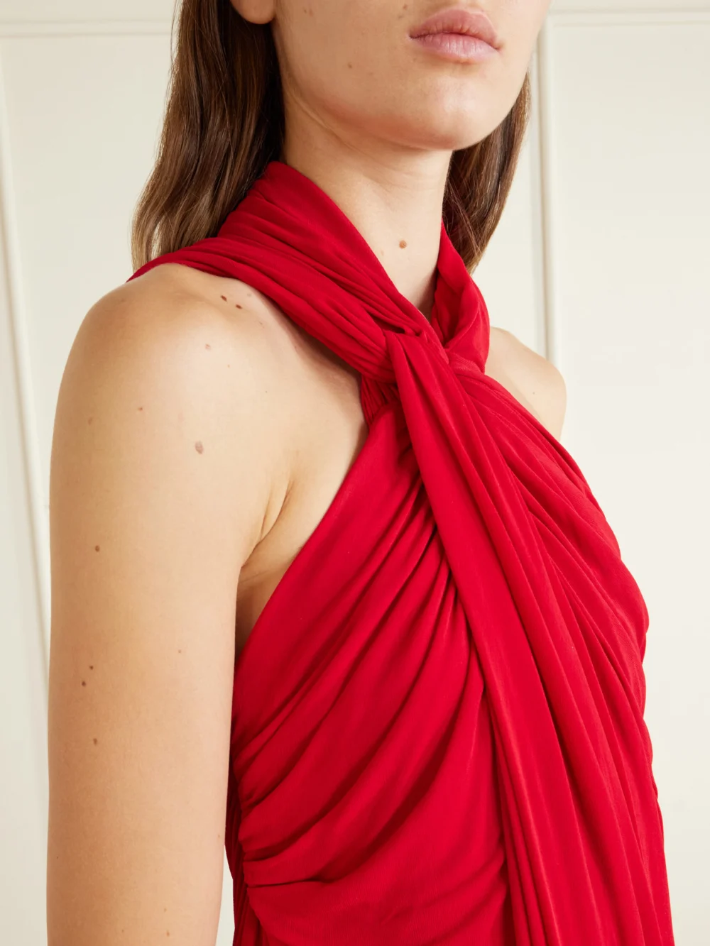 Close-up detail of the Balmain Draped Halterneck Jersey Maxi Dress