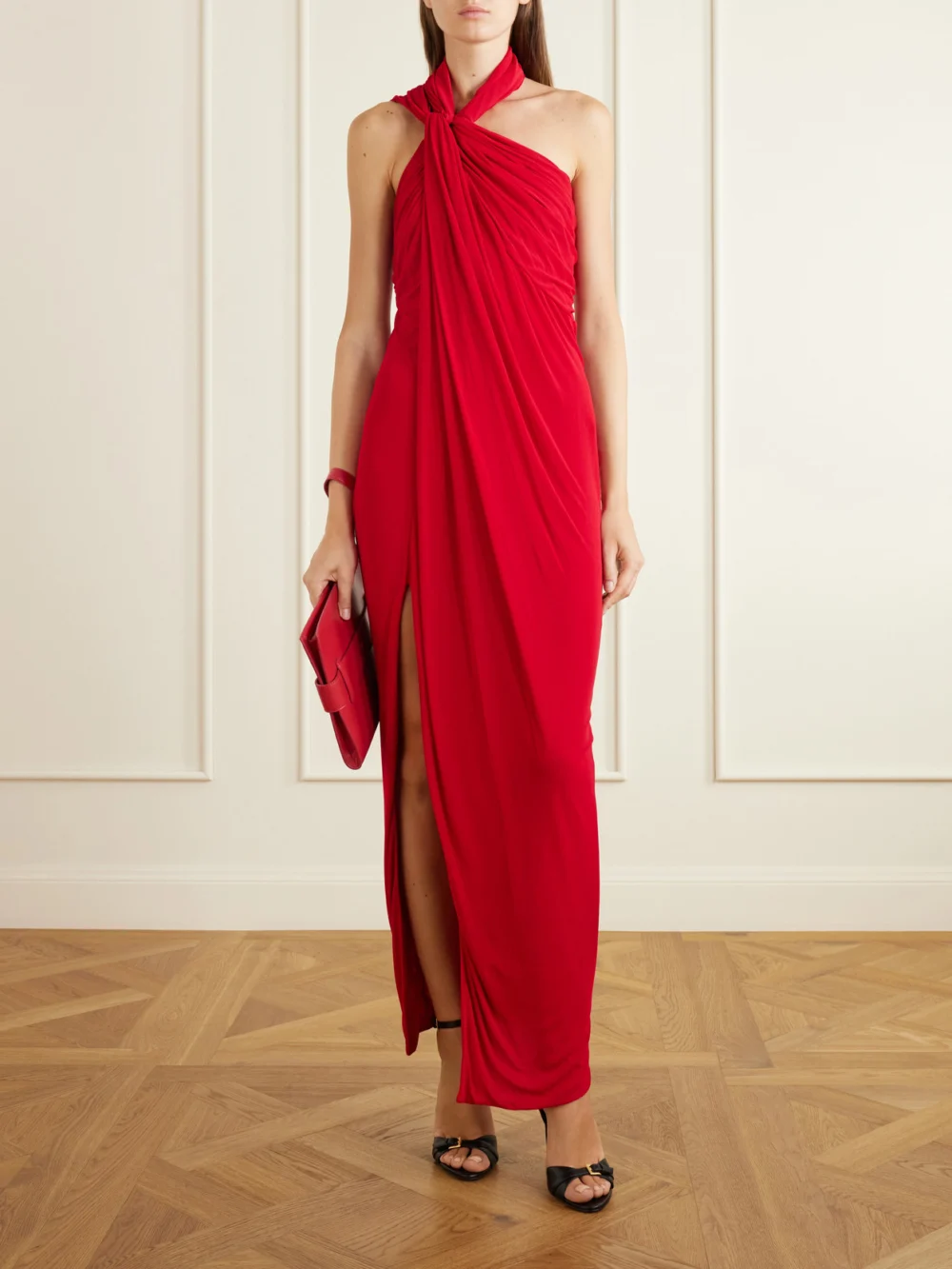 Balmain Draped Halterneck Jersey Maxi Dress, worn by a model