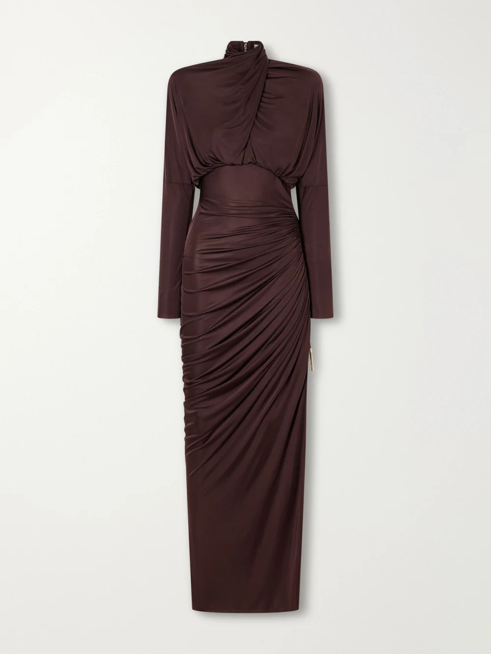 Balmain Draped Jersey Turtleneck Maxi Dress in brown