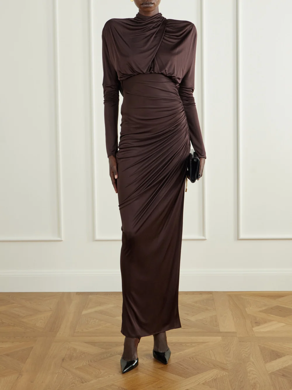 Balmain Draped Jersey Turtleneck Maxi Dress, worn by a model