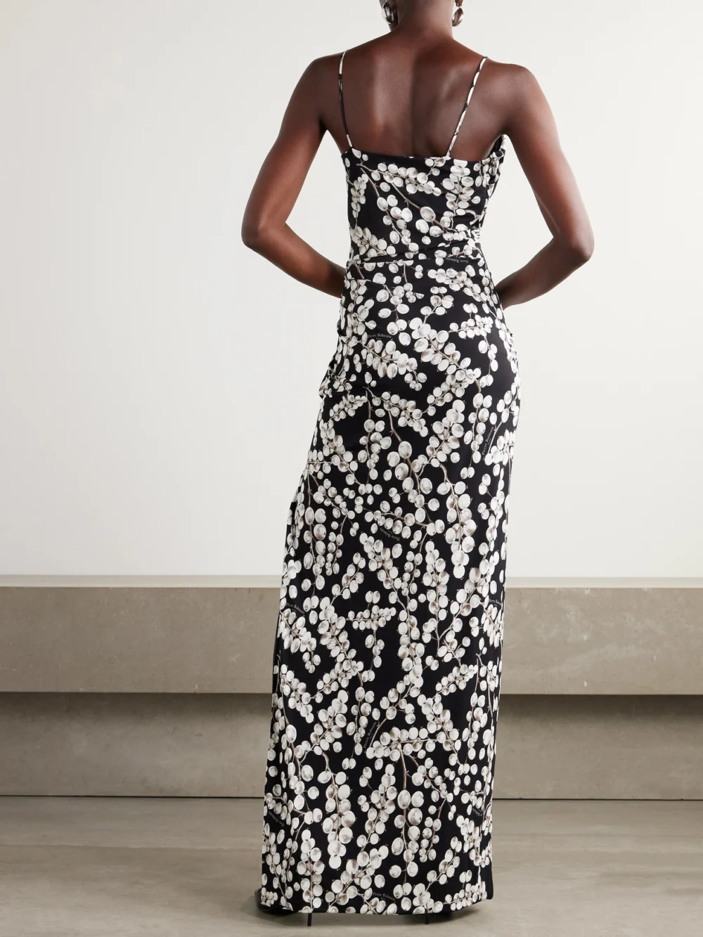 Back view of the Balmain Draped Printed Crepe Maxi Dress
