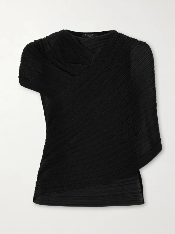 Balmain Draped Ribbed Jersey Blouse