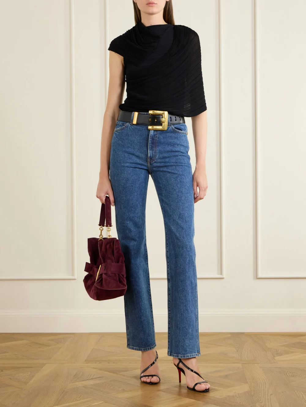 Balmain Draped Ribbed Jersey Blouse, worn by a model