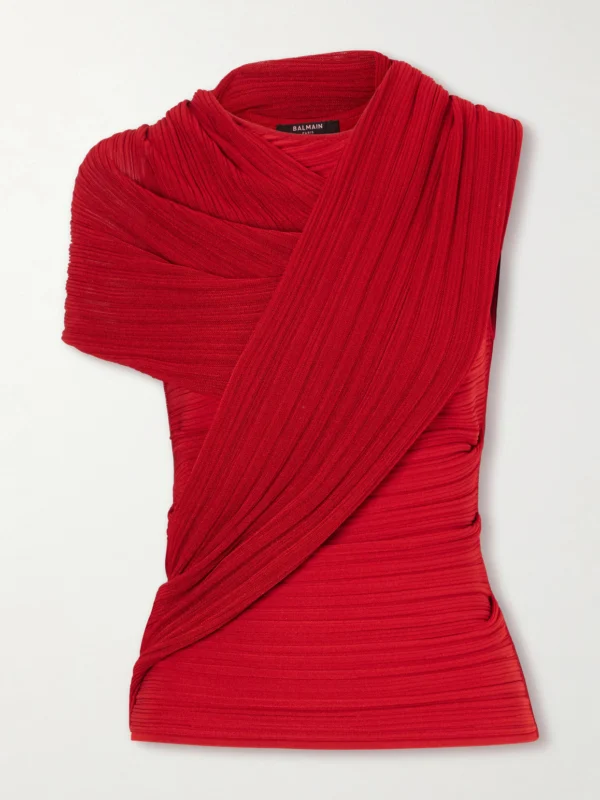 Balmain Draped Ribbed Jersey Blouse