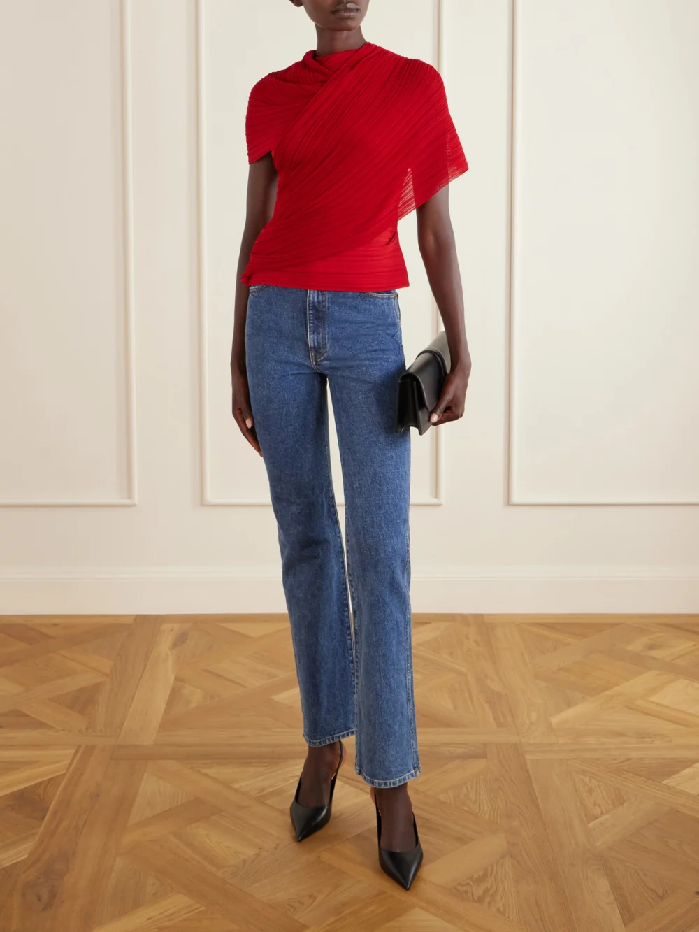 Balmain Draped Ribbed Jersey Blouse, worn by a model
