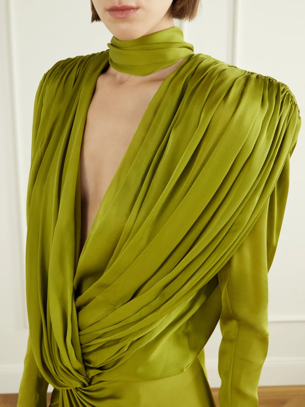 Close-up detail of the Balmain Draped Silk-charmeuse Maxi Dress