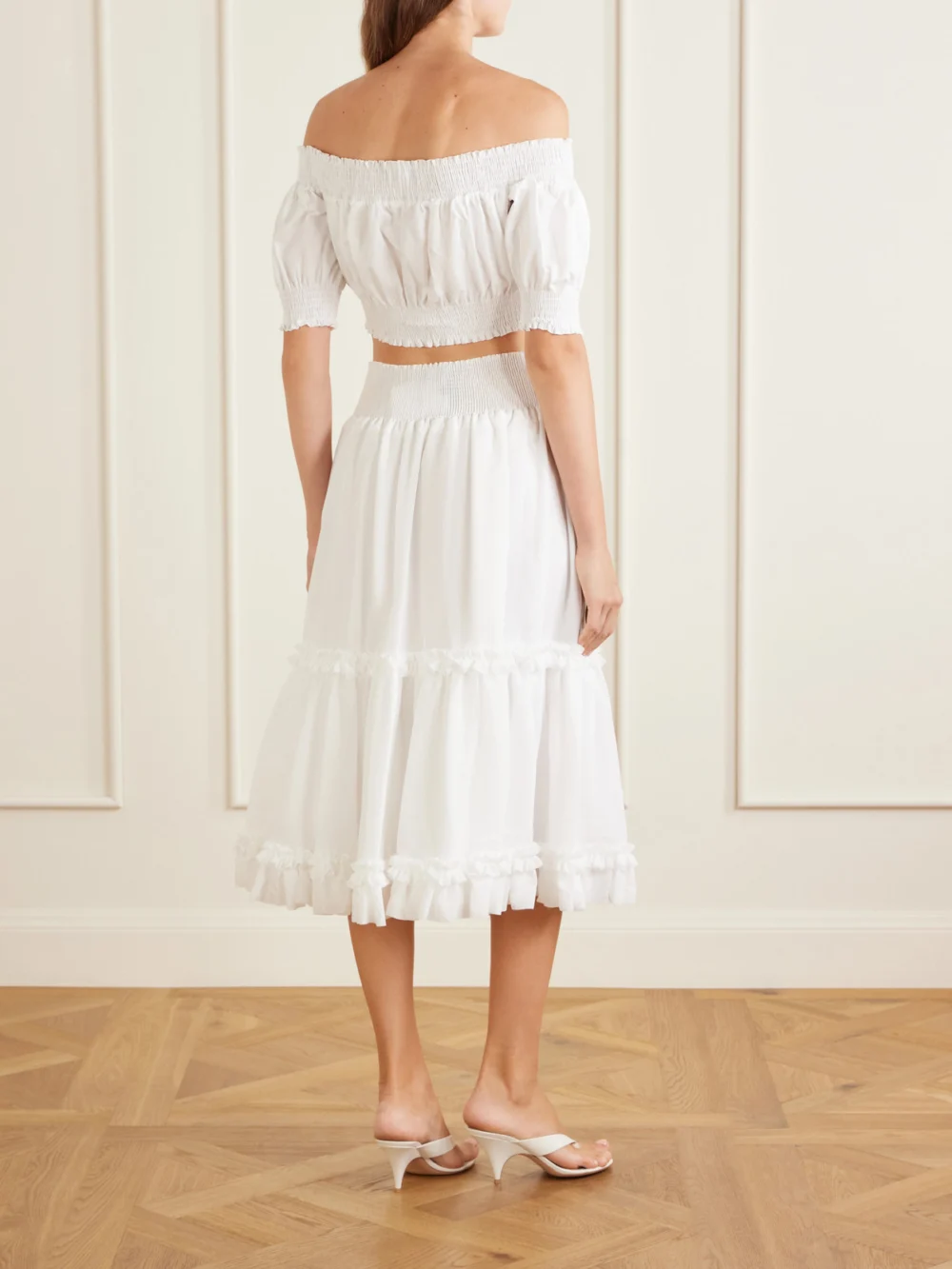 Back view of the Balmain Embellished Cropped Off-the-shoulder Cotton-poplin Top
