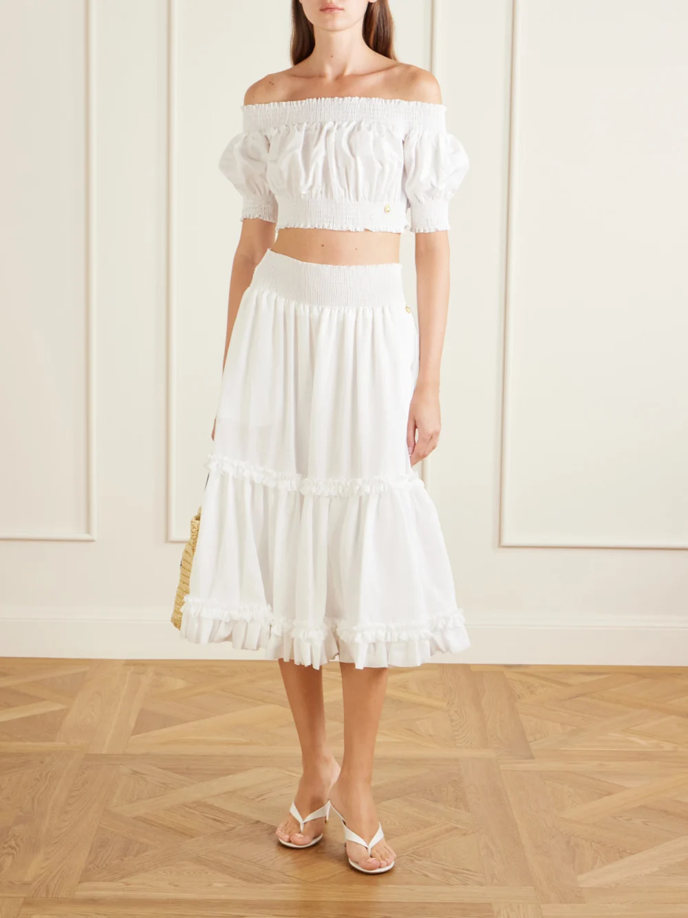 Balmain Embellished Cropped Off-the-shoulder Cotton-poplin Top, worn by a model