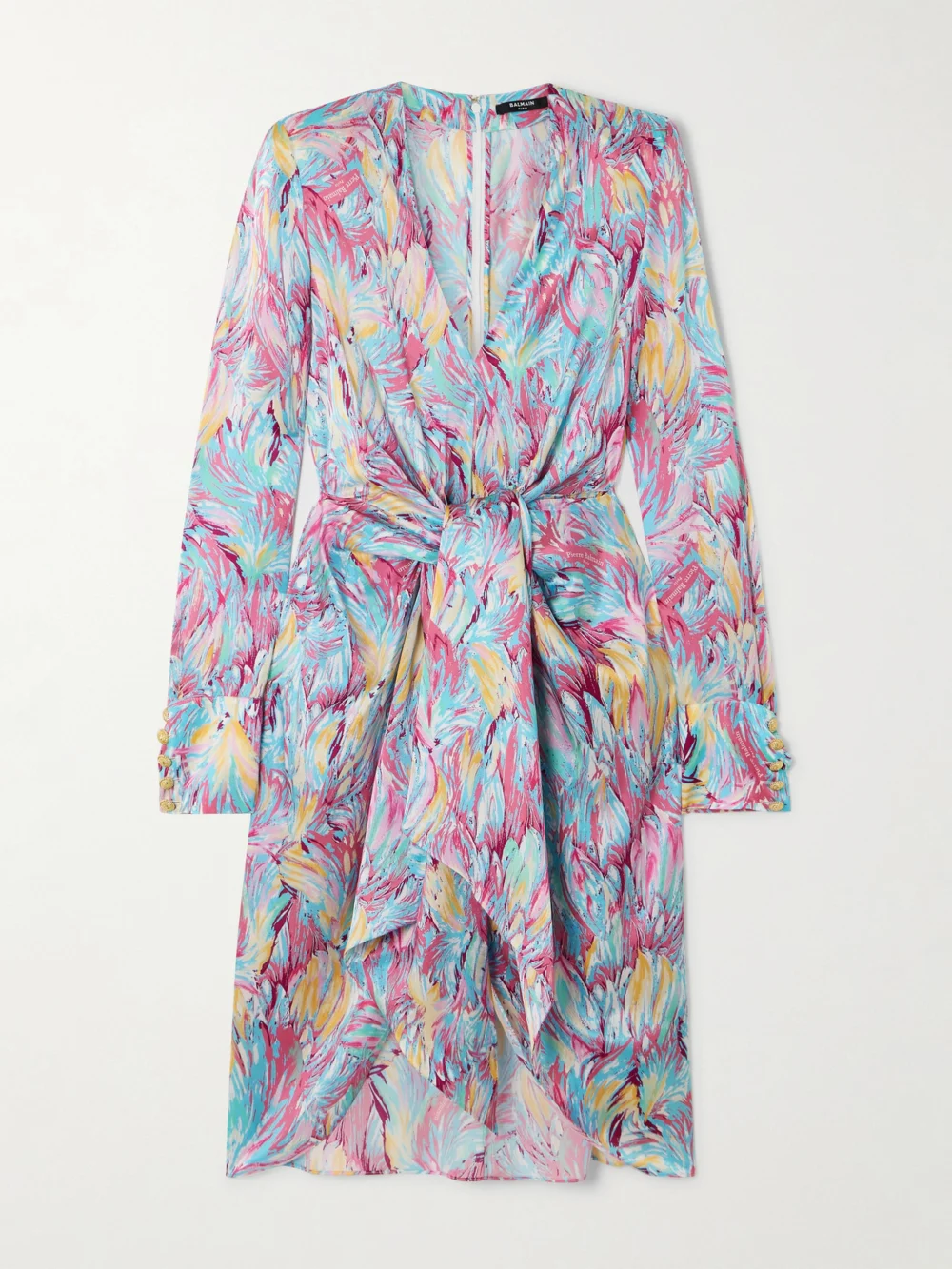 Balmain Embellished Draped Printed Silk-satin Mini Dress in pink