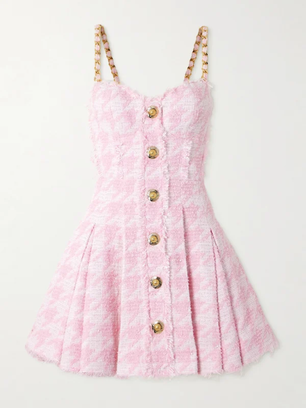 Balmain Embellished Frayed Houndstooth Cotton-blend Tweed Mini Dress