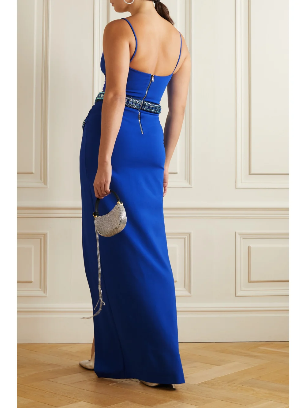 Back view of the Balmain Embellished Gathered Wrap-effect Stretch-jersey Maxi Dress