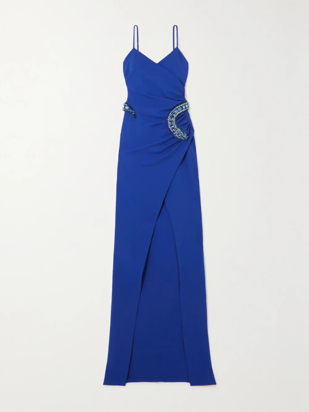 Balmain Embellished Gathered Wrap-effect Stretch-jersey Maxi Dress in blue