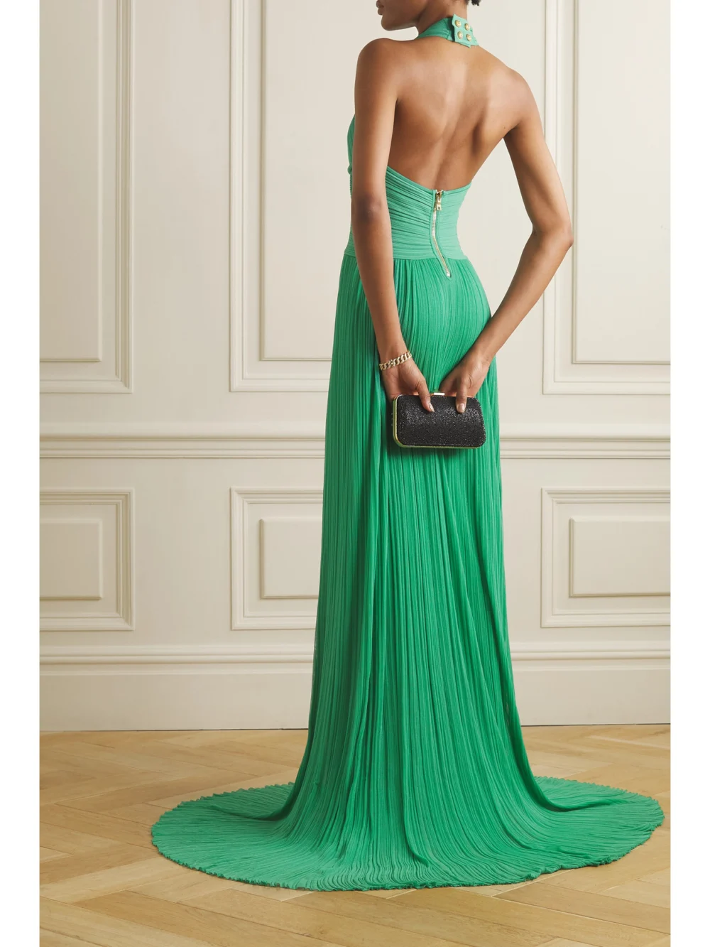 Back view of the Balmain Embellished Halterneck Plissé-knitted Gown