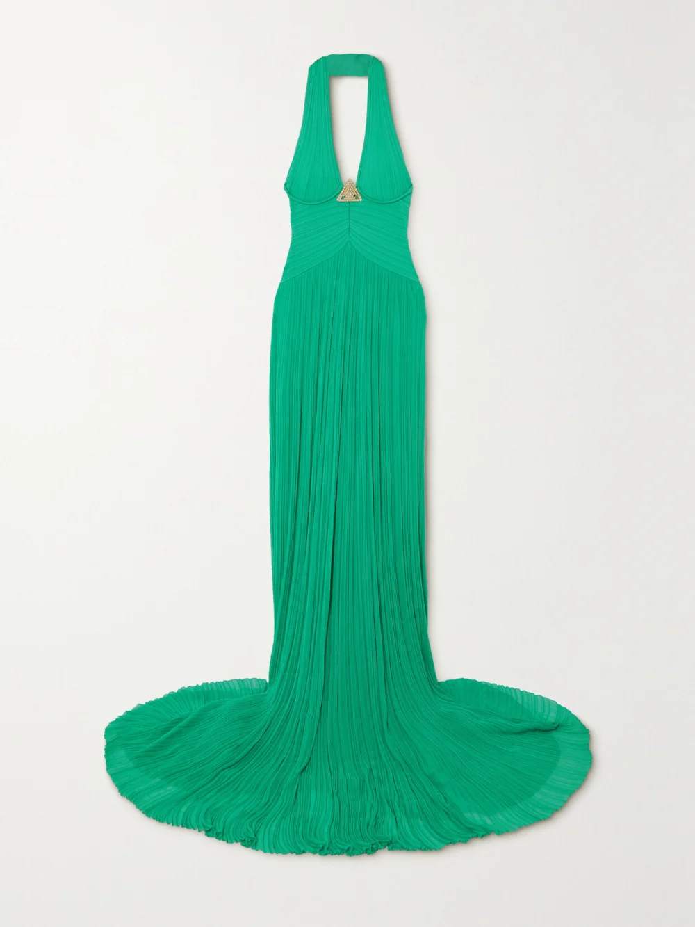 Balmain Embellished Halterneck Plissé-knitted Gown in green