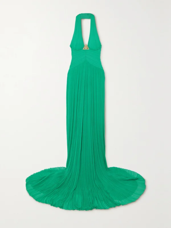 Balmain Embellished Halterneck Plissé-knitted Gown