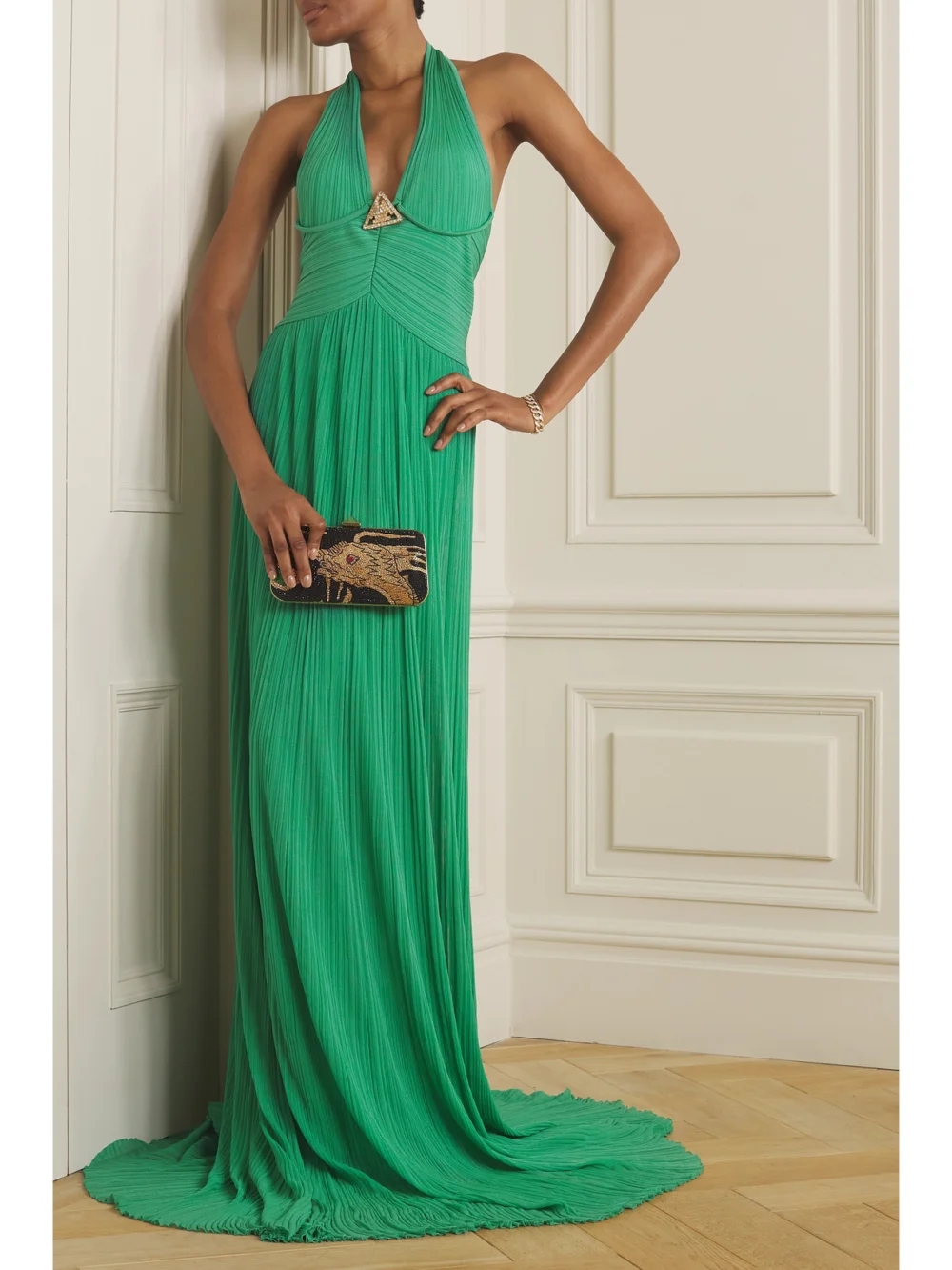 Balmain Embellished Halterneck Plissé-knitted Gown, worn by a model