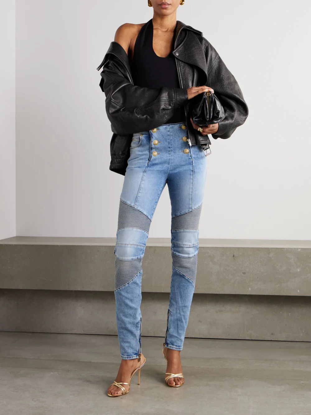 Balmain Embellished Paneled High-rise Skinny Jeans, worn by a model