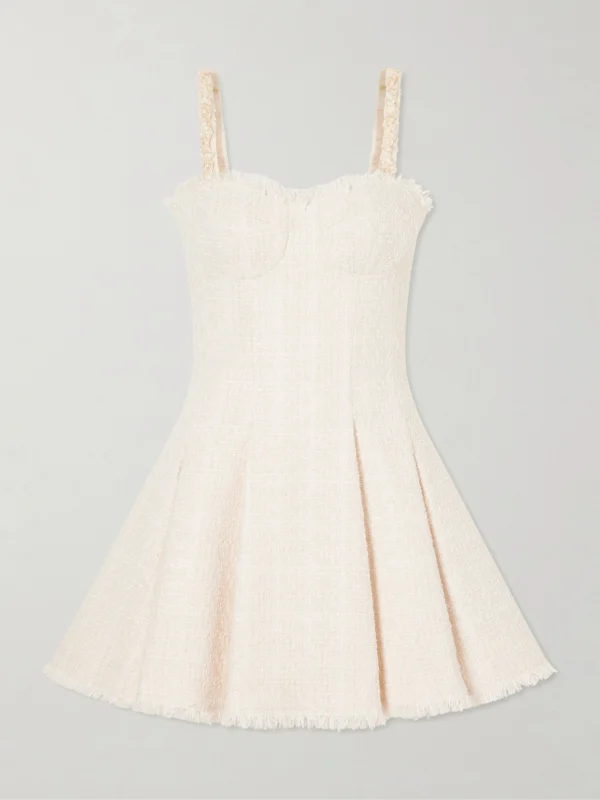 Balmain Embellished Pleated Tweed Mini Dress