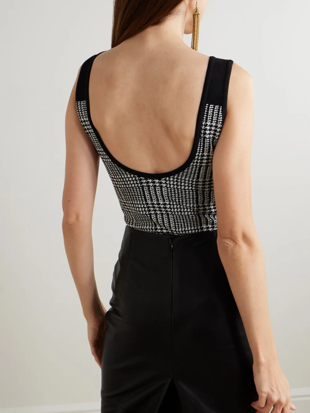 Back view of the Balmain Embellished Prince of Wales Checked Stretch-knit Bodysuit
