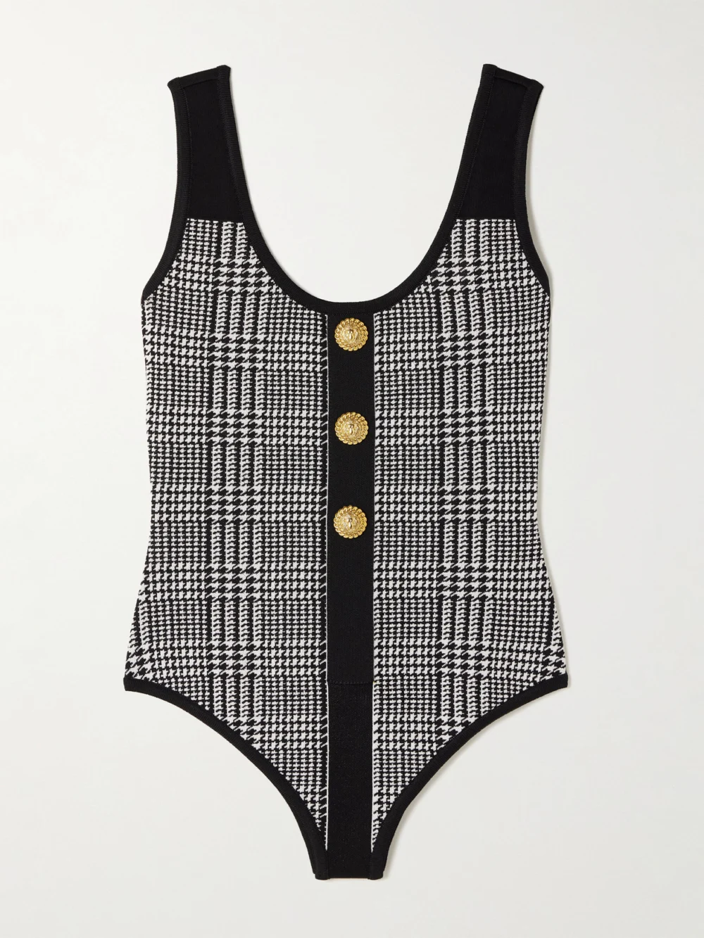Balmain Embellished Prince of Wales Checked Stretch-knit Bodysuit in white