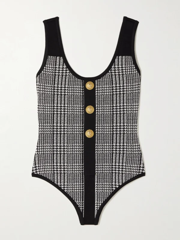 Balmain Embellished Prince of Wales Checked Stretch-knit Bodysuit