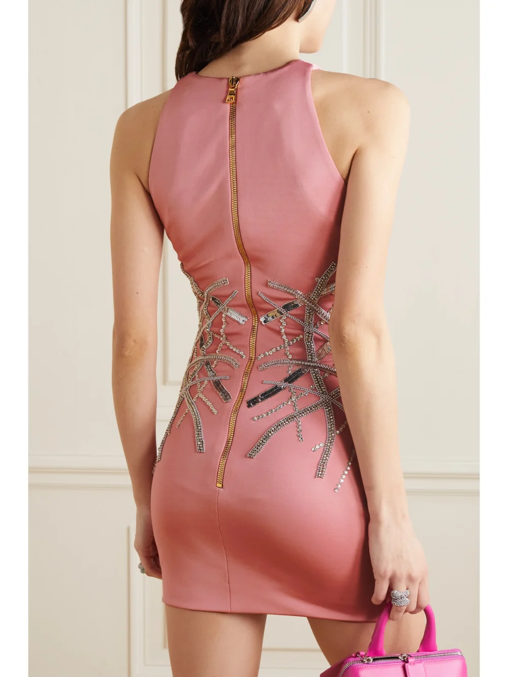 Back view of the Balmain Embellished Stretch-knit Mini Dress