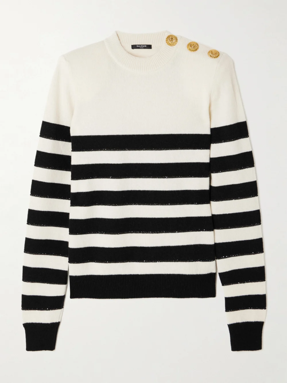 Balmain Embellished Striped Knitted Sweater in white