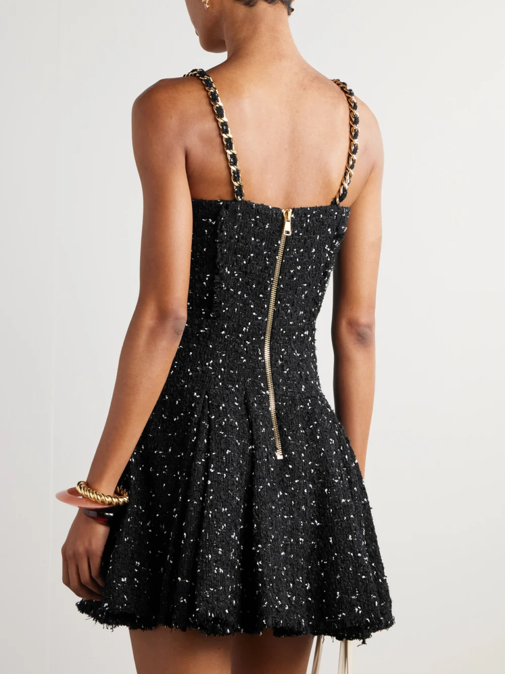 Back view of the Balmain Embellished Tweed Mini Dress