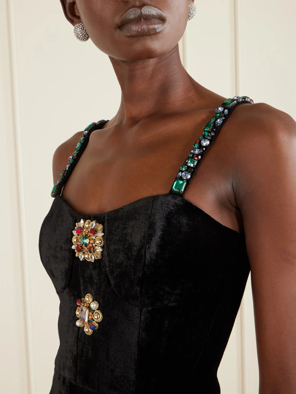 Close-up detail of the Balmain Embellished Velvet Mini Dress