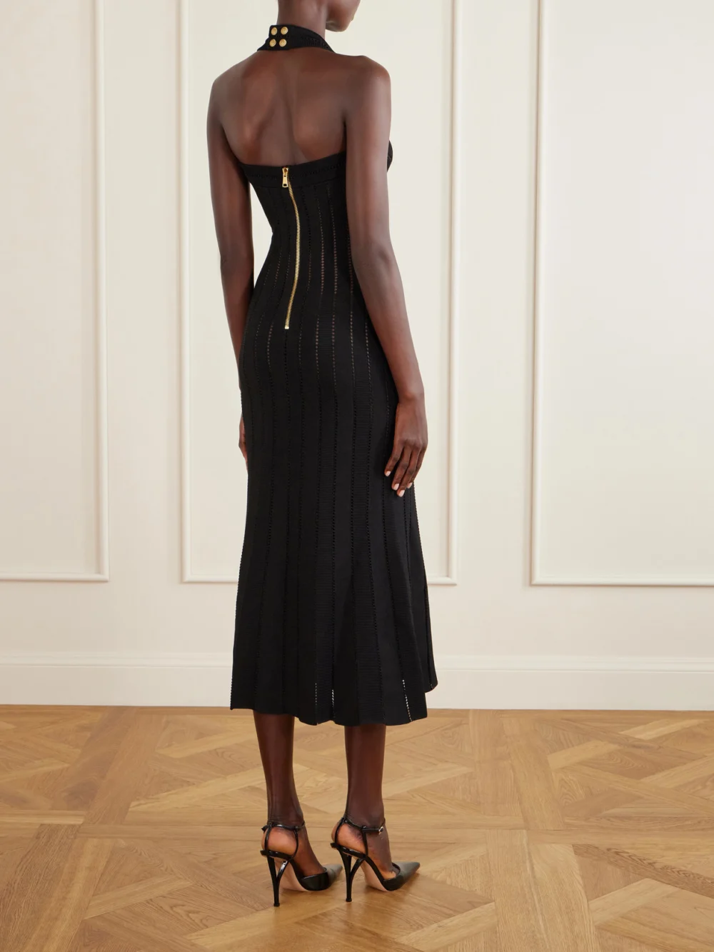 Back view of the Balmain Flechage Halterneck Knit Jersey Midi Dress