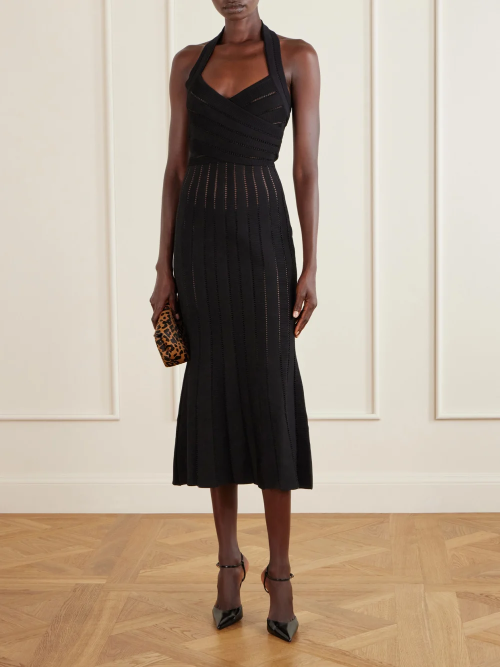 Balmain Flechage Halterneck Knit Jersey Midi Dress, worn by a model