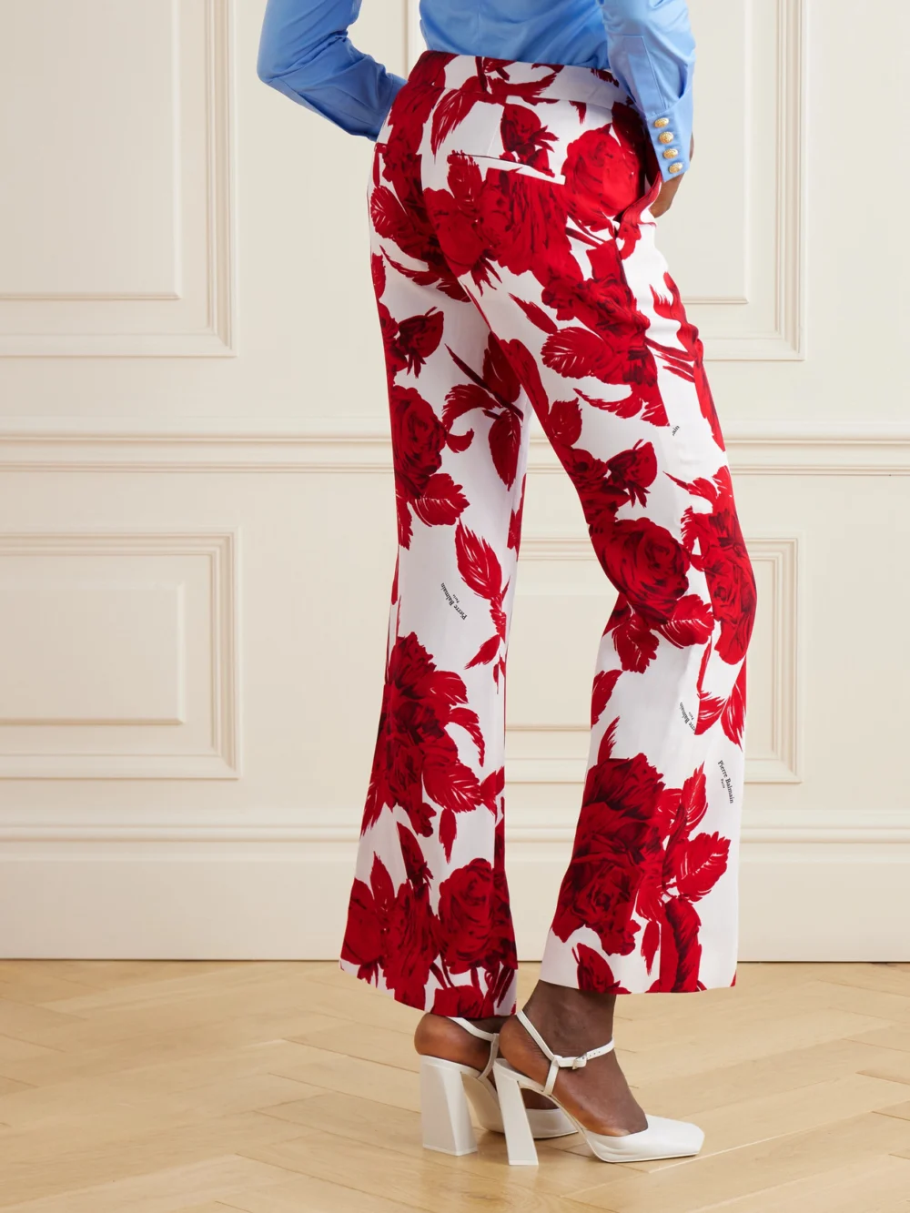 Back view of the Balmain Floral-print Crepe Flared Pants