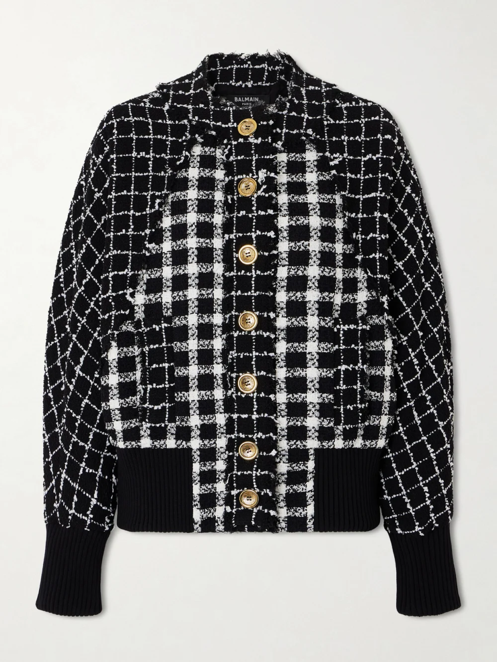 Balmain Frayed Checked Bouclé-tweed Bomber Jacket in black