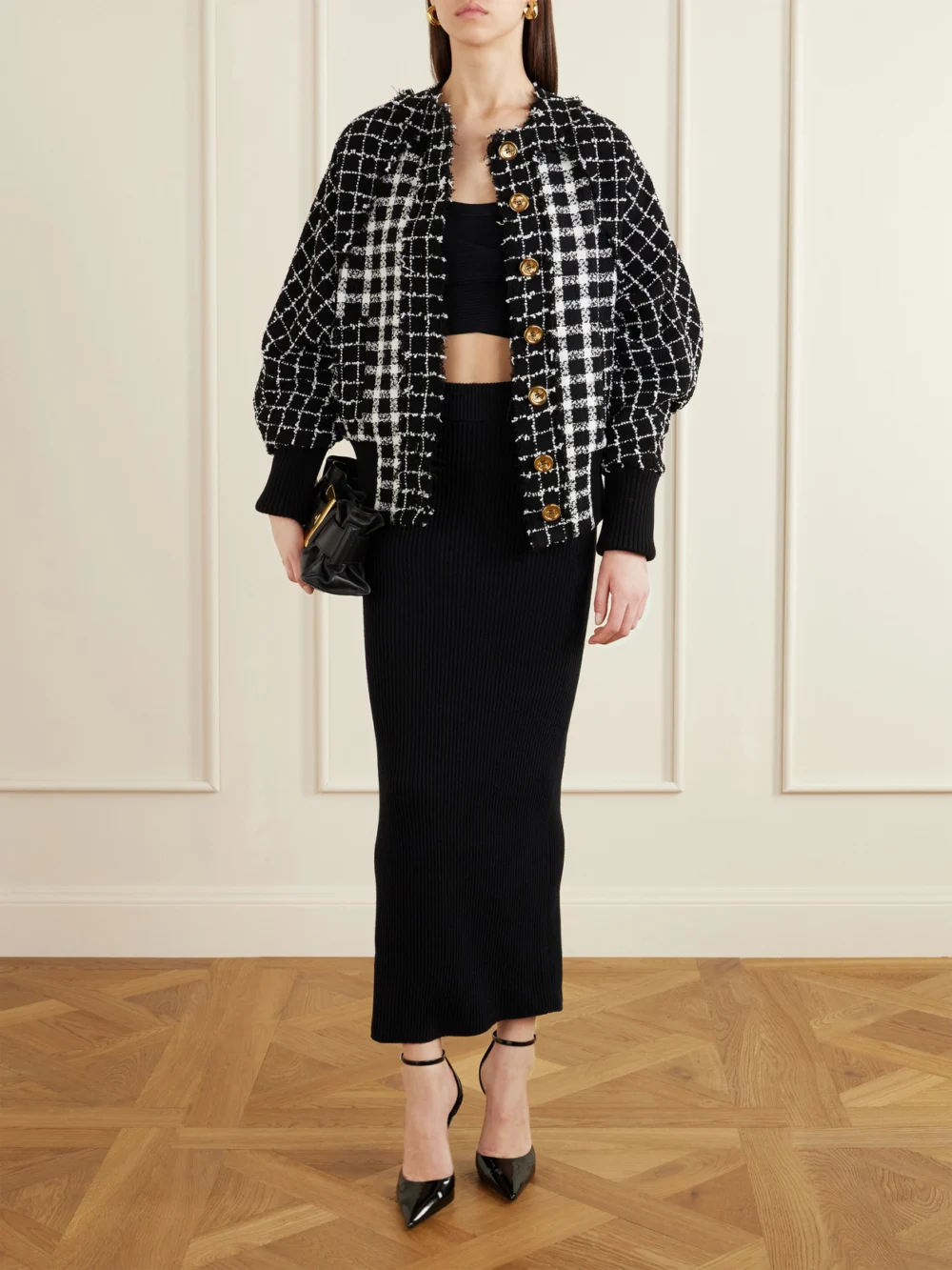Balmain Frayed Checked Bouclé-tweed Bomber Jacket, worn by a model