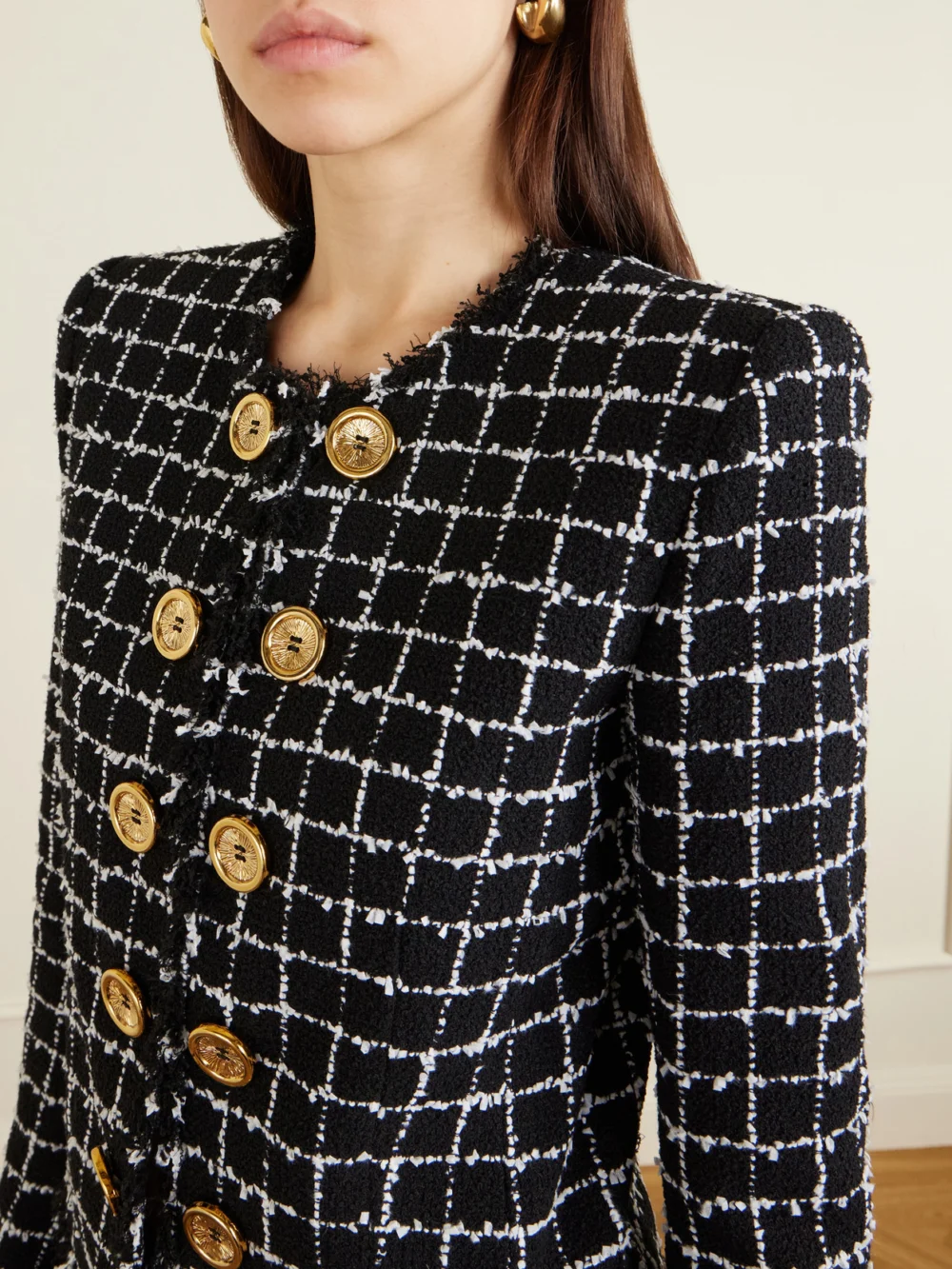 Close-up detail of the Balmain Frayed Checked Bouclé-tweed Jacket