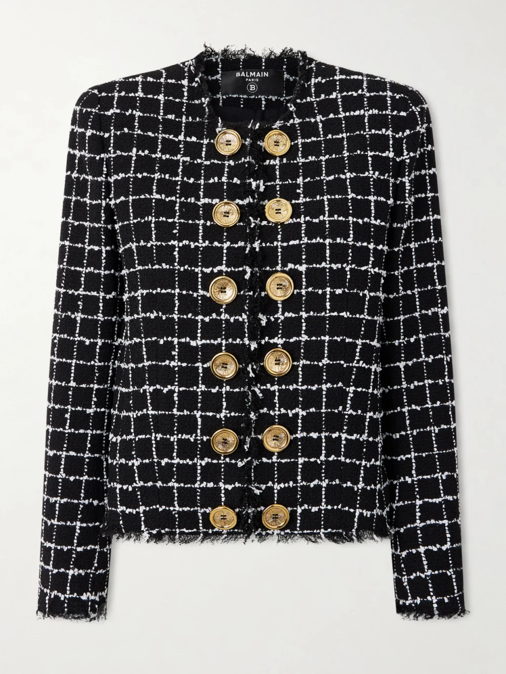 Balmain Frayed Checked Bouclé-tweed Jacket in black
