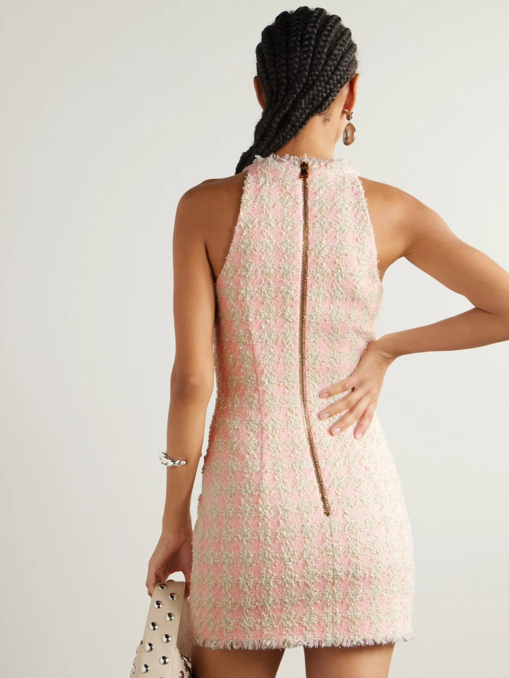Back view of the Balmain Frayed Checked Tweed Mini Dress