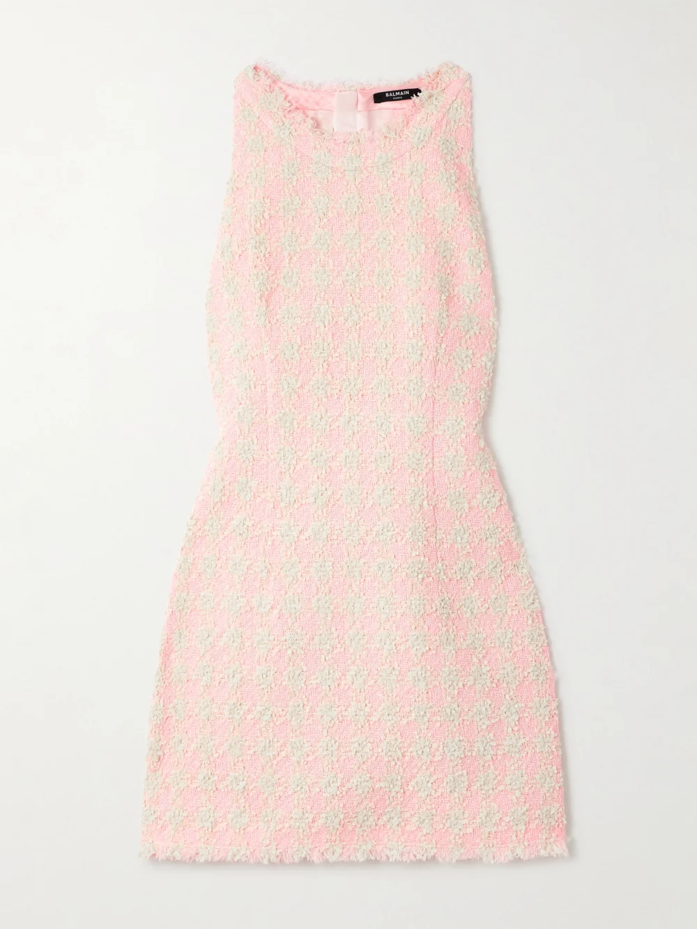 Balmain Frayed Checked Tweed Mini Dress in pastel pink