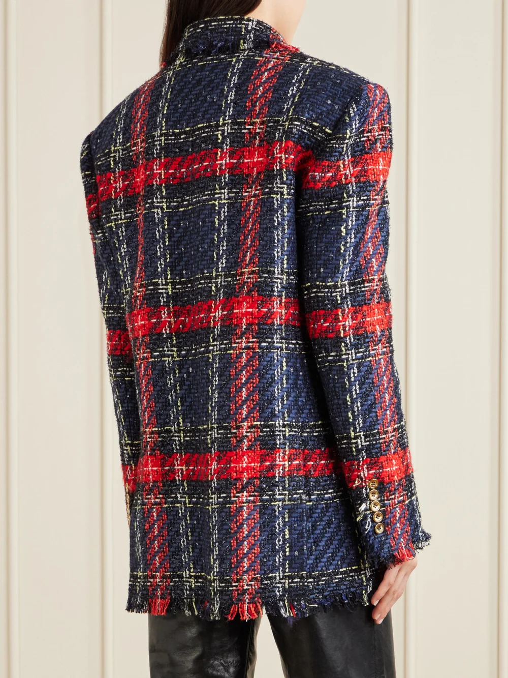 Back view of the Balmain Fringed Checked Tweed Jacket