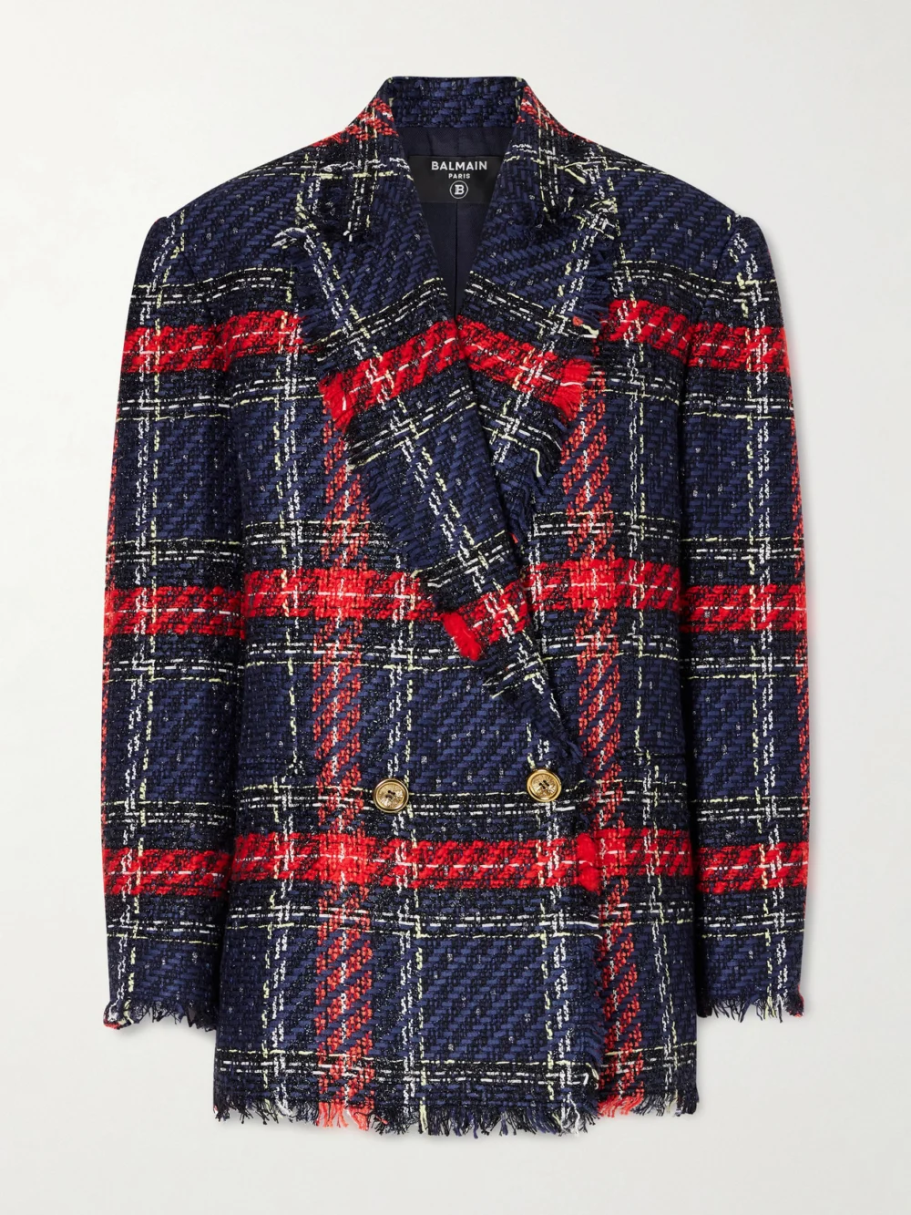 Balmain Fringed Checked Tweed Jacket in multi