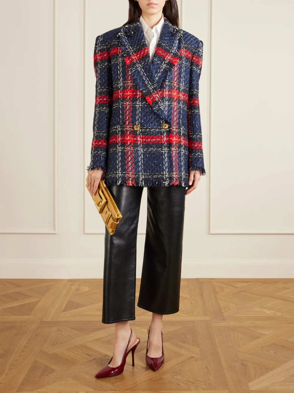 Balmain Fringed Checked Tweed Jacket, worn by a model