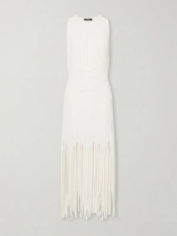 Balmain Fringed Pointelle-knit Midi Dress