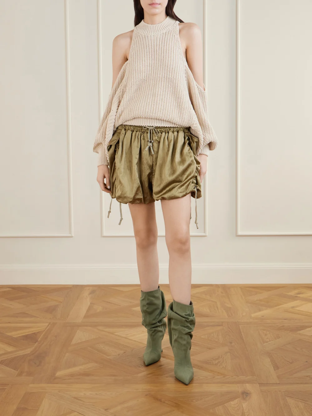 Balmain Gathered Satin Shorts, worn by a model